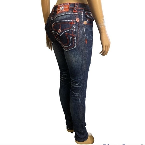 Y2K True religion Jeans Urban Cow Bill Big T Distress Skinny green Blue Size 28 - Picture 3 of 16